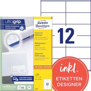 Avery 3424 adresních nálepek (1 200 lepicích štítků, 105 x 48 mm na A4, papír matný, individuálně potištěné štítky pro odesílatele, samolepicí adresní štítky s ultragripem) 100 listů, bílé Avery 3424 adresních nálepek (1 200 lepicích štítků, 105 x 48 mm na A4, papír matný, individuálně potištěné štítky pro odesílatele, samolepicí adresní štítky s ultragripem) 100 listů, bílé