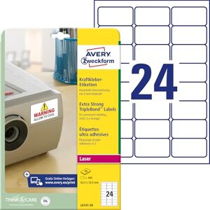 Avery L6141-20 etikety na silové lepidlo (480 nálepek, 63,5 x 33,9 mm na A4, extrémně silně samolepicí, permanentně přilnavá, potištěná lepicí fólie pro kritické podmínky) 20 listů, bílá Avery L6141-20 etikety na silové lepidlo (480 nálepek, 63,5 x 33,9 mm na A4, extrémně silně samolepicí, permanentně přilnavá, potištěná lepicí fólie pro kritické podmínky) 20 listů, bílá