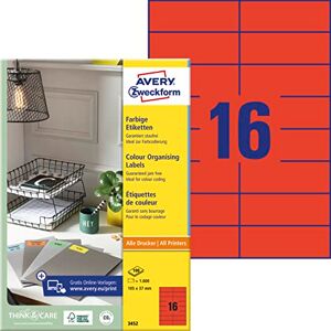 Avery 3452 červených etiket (1600 nálepek, 105 x 37 mm na A4, trvale držící, samolepicí barevné etikety, papír matný, potiskovatelné, barevné lepicí etikety) 100 listů Avery 3452 červených etiket (1600 nálepek, 105 x 37 mm na A4, trvale držící, samolepicí barevné etikety, papír matný, potiskovatelné, barevné lepicí etikety) 100 listů