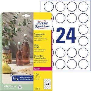 Avery L7780-25 transparentní kulaté etikety (600 lepicích bodů, Ø 40 mm na A4, kulaté nálepky k potisku, samolepicí, odolné proti povětrnostním vlivům, popisy/nálepky na produkty) 25 listů, průhledné Avery L7780-25 transparentní kulaté etikety (600 lepicích bodů, Ø 40 mm na A4, kulaté nálepky k potisku, samolepicí, odolné proti povětrnostním vlivům, popisy/nálepky na produkty) 25 listů, průhledné