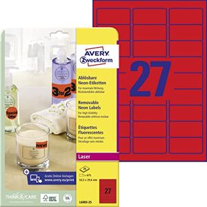 Avery L6003-25 svítící neonově červené etikety (63,5 x 29,6 mm na DIN A4, odstranitelné, samolepicí, potištěné, barevné lepicí etikety pro nápadné označení) 675 nálepek na 25 listů Avery L6003-25 svítící neonově červené etikety (63,5 x 29,6 mm na DIN A4, odstranitelné, samolepicí, potištěné, barevné lepicí etikety pro nápadné označení) 675 nálepek na 25 listů