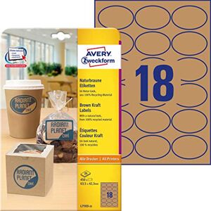 Avery Zweckform L7103-25 Kraftpapier Etiketten (450 Aufkleber zum Bedrucken, 42,3x63,5mm auf A4, selbstklebend, ovale Recycling Etiketten, nachhaltige Produktaufkleber) 25 Blatt, naturbraun Avery Zweckform L7103-25 Kraftpapier Etiketten (450 Aufkleber zum Bedrucken, 42,3x63,5mm auf A4, selbstklebend, ovale Recycling Etiketten, nachhaltige Produktaufkleber) 25 Blatt, naturbraun