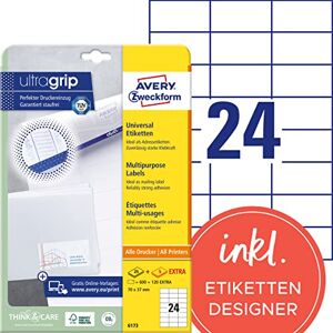 Avery 6173 nálepky na adresu (600 plus 120 samolepicích etiket navíc, 70 x 37 mm na A4, papír matný, potiskovatelné etikety odesílatele, samolepicí adresní štítky s ultragrip) 30 listů, bílé Avery 6173 nálepky na adresu (600 plus 120 samolepicích etiket navíc, 70 x 37 mm na A4, papír matný, potiskovatelné etikety odesílatele, samolepicí adresní štítky s ultragrip) 30 listů, bílé