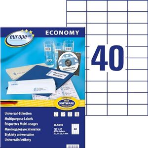 Europe100 Art. ELA049 univerzální etikety (4. 000 samolepicích štítků, 52,5 x 29,7 mm na A4, papír matný, individuálně potištěné, samolepicí nálepky, kompatibilní s AVERY 3651) 100 listů, bílé Europe100 Art. ELA049 univerzální etikety (4. 000 samolepicích štítků, 52,5 x 29,7 mm na A4, papír matný, individuálně potištěné, samolepicí nálepky, kompatibilní s AVERY 3651) 100 listů, bílé