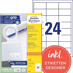 Avery 3658 nálepky na adresu (2 400 lepicích etiket, 64,6 x 33,8 mm na A4, papír matný, potiskovatelné etikety odesílatele, samolepicí adresní štítky s ultragrip) 100 listů, bílé Avery 3658 nálepky na adresu (2 400 lepicích etiket, 64,6 x 33,8 mm na A4, papír matný, potiskovatelné etikety odesílatele, samolepicí adresní štítky s ultragrip) 100 listů, bílé