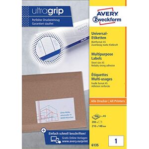 Avery 6135 Universal Etiketten (200 Klebeetiketten, 210x148mm auf A5, Papier matt, bedruckbare Versandetiketten, selbstklebende Versandaufkleber mit ultragrip) 200 Blatt, weiß Avery 6135 Universal Etiketten (200 Klebeetiketten, 210x148mm auf A5, Papier matt, bedruckbare Versandetiketten, selbstklebende Versandaufkleber mit ultragrip) 200 Blatt, weiß
