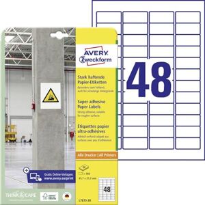 Avery L7873-20 silně přilnavé etikety (960 nálepek, 45,7 x 21,2 mm na A4, extrémně silně samolepicí, také pro obtížné povrchy, lze potisknout Power lepicí etikety) 20 listů, bílá Avery L7873-20 silně přilnavé etikety (960 nálepek, 45,7 x 21,2 mm na A4, extrémně silně samolepicí, také pro obtížné povrchy, lze potisknout Power lepicí etikety) 20 listů, bílá