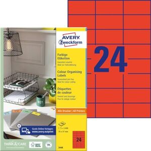 Avery 3448 červených etiket (2 400 nálepek, 70 x 37 mm na A4, trvale přilnavé, samolepicí barevné etikety, papír matný, potisknutelné, barevné lepicí etikety) 100 listů Avery 3448 červených etiket (2 400 nálepek, 70 x 37 mm na A4, trvale přilnavé, samolepicí barevné etikety, papír matný, potisknutelné, barevné lepicí etikety) 100 listů