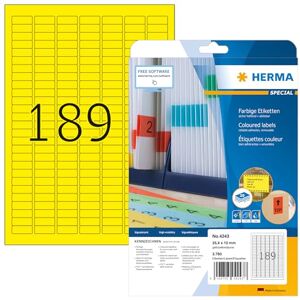 Herma 4243 Barevné štítky žluté odstranitelné, 20 listů, 25,4 x 10 mm, 189 na arch A4, 3780 kusů, samolepicí, potištěné, matné, prázdné papírové barevné štítky Herma 4243 Barevné štítky žluté odstranitelné, 20 listů, 25,4 x 10 mm, 189 na arch A4, 3780 kusů, samolepicí, potištěné, matné, prázdné papírové barevné štítky