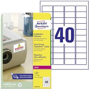 Avery L6140-20 etikety na silové lepidlo (800 nálepek, 45,7 x 25,4 mm na A4, extrémně silně samolepicí, permanentně přilnavá, potištěná lepicí fólie pro kritické podmínky) 20 listů, bílá Avery L6140-20 etikety na silové lepidlo (800 nálepek, 45,7 x 25,4 mm na A4, extrémně silně samolepicí, permanentně přilnavá, potištěná lepicí fólie pro kritické podmínky) 20 listů, bílá