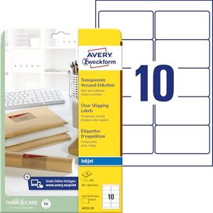 Avery J4722-25 zásilkové etikety/expediční nálepky (250 etiket, 96 x 50,8 mm na A4, lze potisknout, samolepicí, pro inkoustové tiskárny, pro obálky DIN B4/C4) 25 listů, transparentní Avery J4722-25 zásilkové etikety/expediční nálepky (250 etiket, 96 x 50,8 mm na A4, lze potisknout, samolepicí, pro inkoustové tiskárny, pro obálky DIN B4/C4) 25 listů, transparentní