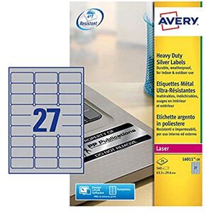 Avery L6011-20 Robuste Laseretiketten ( 27 Stück pro Blatt, 63,5 x 29,6 mm) 540 Etiketten in Silber Avery L6011-20 Robuste Laseretiketten ( 27 Stück pro Blatt, 63,5 x 29,6 mm) 540 Etiketten in Silber
