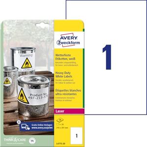 Avery L4775-20 Fóliové etikety odolné proti povětrnostním vlivům (20 lepicích etiket, 210 x 297 mm na A4, extrémně silně samolepicí, voděodolné, odolné, potištěná venkovní lepicí fólie) 20 Avery L4775-20 Fóliové etikety odolné proti povětrnostním vlivům (20 lepicích etiket, 210 x 297 mm na A4, extrémně silně samolepicí, voděodolné, odolné, potištěná venkovní lepicí fólie) 20