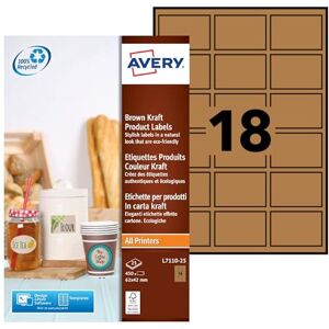Avery Zweckform L7110-25 kraftový papír etikety (450 nálepek k potisku, 62 x 42 mm na A4, samolepicí, obdélníkové recyklační etikety, udržitelné nálepky na produkty) 25 listů, přírodní hnědá Avery Zweckform L7110-25 kraftový papír etikety (450 nálepek k potisku, 62 x 42 mm na A4, samolepicí, obdélníkové recyklační etikety, udržitelné nálepky na produkty) 25 listů, přírodní hnědá