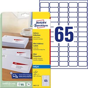 Avery J8651-25 adresní štítky/nálepky na adresu (1,625 etikety, 38,1 x 21,2 mm na A4, potiskovatelné, samolepicí, pro štítky odesílatelů, papír matný, inkoustové tiskárny) 25 listů, bílá Avery J8651-25 adresní štítky/nálepky na adresu (1,625 etikety, 38,1 x 21,2 mm na A4, potiskovatelné, samolepicí, pro štítky odesílatelů, papír matný, inkoustové tiskárny) 25 listů, bílá