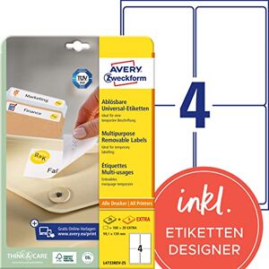Avery L4733REV-25 univerzální etikety (100 plus 20 lepicích etiket extra, 99,1 x 139 mm na A4, lze opět beze zbytku odstranit/odstranit, potištěné, samolepicí nálepky) 30 listů, bílé Avery L4733REV-25 univerzální etikety (100 plus 20 lepicích etiket extra, 99,1 x 139 mm na A4, lze opět beze zbytku odstranit/odstranit, potištěné, samolepicí nálepky) 30 listů, bílé