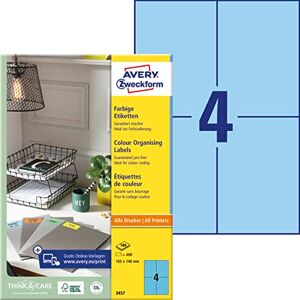 Avery 3457 modré etikety (400 nálepek, 105 x 148 mm na A4, permanentně přilnavé, samolepicí barevné etikety, papír matný, potiskovatelné, barevné lepicí etikety) 100 listů Avery 3457 modré etikety (400 nálepek, 105 x 148 mm na A4, permanentně přilnavé, samolepicí barevné etikety, papír matný, potiskovatelné, barevné lepicí etikety) 100 listů