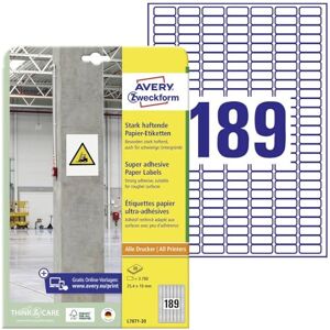 Avery L7871-20 silně přilnavé etikety (3. 780 nálepek, 25,4 x 10 mm na A4, extrémně silně samolepicí, také na obtížné povrchy, potištěné Power lepicí etikety) 20 listů, bílé Avery L7871-20 silně přilnavé etikety (3. 780 nálepek, 25,4 x 10 mm na A4, extrémně silně samolepicí, také na obtížné povrchy, potištěné Power lepicí etikety) 20 listů, bílé