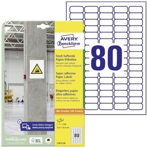Avery L7872-20 silně přilnavé etikety (1 600 nálepek, 35,6 x 16,9 mm na A4, extrémně silně samolepicí, také pro obtížné povrchy, potištěné Power lepicí etikety) 20 listů, bílé Avery L7872-20 silně přilnavé etikety (1 600 nálepek, 35,6 x 16,9 mm na A4, extrémně silně samolepicí, také pro obtížné povrchy, potištěné Power lepicí etikety) 20 listů, bílé