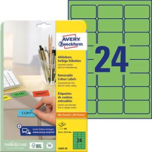 Avery Zweckform L6033-20 Zelené etikety (480 nálepek, 63,5 x 33,9 mm na A4, opět beze zbytku odstranitelné, samolepicí barevné etikety, papír matný, potiskovatelné, barevné lepicí etikety) 20 listů Avery Zweckform L6033-20 Zelené etikety (480 nálepek, 63,5 x 33,9 mm na A4, opět beze zbytku odstranitelné, samolepicí barevné etikety, papír matný, potiskovatelné, barevné lepicí etikety) 20 listů
