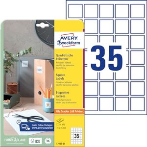 Avery L7120-25 Čtvercové etikety (875 lepicích etiket, 35 x 35 mm na A4, QR kód nálepka k potisku, samolepicí, permanentně přilnavé etikety QR Kód) 25 listů, bílá Avery L7120-25 Čtvercové etikety (875 lepicích etiket, 35 x 35 mm na A4, QR kód nálepka k potisku, samolepicí, permanentně přilnavé etikety QR Kód) 25 listů, bílá