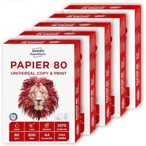 Avery 2575 papír do tiskárny / kopírky (2 500 listů, 80 g/m², papír DIN A4, pro všechny tiskárny), 1 box s 5 balení, bílý Avery 2575 papír do tiskárny / kopírky (2 500 listů, 80 g/m², papír DIN A4, pro všechny tiskárny), 1 box s 5 balení, bílý