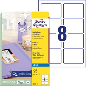 Avery C6081-10 Hochglanz-Etiketten (80 Glossy Aufkleber, 88,9x63,5mm auf A4, selbstklebend, bedruckbar, hochglänzendes Papier zur Produktkennzeichnung, für Inkjet-Drucker) 10 Blatt, weiß Avery C6081-10 Hochglanz-Etiketten (80 Glossy Aufkleber, 88,9x63,5mm auf A4, selbstklebend, bedruckbar, hochglänzendes Papier zur Produktkennzeichnung, für Inkjet-Drucker) 10 Blatt, weiß