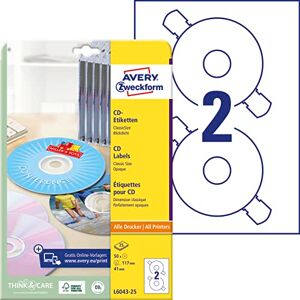 Avery L6043-25 samolepicí CD etikety (50 neprůhledných CD nálepek, Ø 117 mm na A4, ClassicSize, papír matný, potištěné lepicí etikety pro všechny tiskárny A4) 25 listů, bílá Avery L6043-25 samolepicí CD etikety (50 neprůhledných CD nálepek, Ø 117 mm na A4, ClassicSize, papír matný, potištěné lepicí etikety pro všechny tiskárny A4) 25 listů, bílá