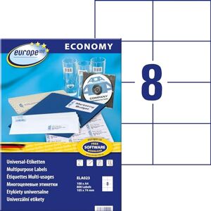 Europe100 Art. ELA023 univerzální etikety (800 lepicích etiket, 105 x 74 mm na A4, papír matný, individuálně potisknutelné, samolepicí nálepky, kompatibilní s AVERY 3427) 100 listů, bílé Europe100 Art. ELA023 univerzální etikety (800 lepicích etiket, 105 x 74 mm na A4, papír matný, individuálně potisknutelné, samolepicí nálepky, kompatibilní s AVERY 3427) 100 listů, bílé