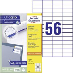 Avery 3668 univerzální etikety (5.600 samolepicích štítků, 52,5 x 21,2 mm na A4, papír matný, individuálně potištěný, samolepicí nálepka s ultragrip) 100 listů, bílá Avery 3668 univerzální etikety (5.600 samolepicích štítků, 52,5 x 21,2 mm na A4, papír matný, individuálně potištěný, samolepicí nálepka s ultragrip) 100 listů, bílá