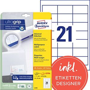 Avery 6170 Adressaufkleber (525 plus 105 Klebeetiketten extra, 64x36mm auf A4, Papier matt, bedruckbare Absenderetiketten, selbstklebende Adressetiketten mit ultragrip) 30 Blatt, weiß Avery 6170 Adressaufkleber (525 plus 105 Klebeetiketten extra, 64x36mm auf A4, Papier matt, bedruckbare Absenderetiketten, selbstklebende Adressetiketten mit ultragrip) 30 Blatt, weiß