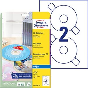 Avery C6074-20 selbstklebende CD-Etiketten (40 blickdichte CD-Aufkleber, Ø 117 mm auf A4, ClassicSize, Papier hochglänzend, bedruckbare Klebeetiketten für alle Inkjet-Drucker) 20 Blatt, weiß Avery C6074-20 selbstklebende CD-Etiketten (40 blickdichte CD-Aufkleber, Ø 117 mm auf A4, ClassicSize, Papier hochglänzend, bedruckbare Klebeetiketten für alle Inkjet-Drucker) 20 Blatt, weiß