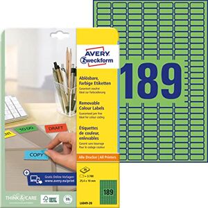 Avery L6049-20 Zelené etikety (3 780 nálepek, 25,4 x 10 mm na A4, opět beze zbytku odstranitelné, samolepicí barevné etikety, papír matný, potiskovatelné, barevné lepicí etikety) 20 listů Avery L6049-20 Zelené etikety (3 780 nálepek, 25,4 x 10 mm na A4, opět beze zbytku odstranitelné, samolepicí barevné etikety, papír matný, potiskovatelné, barevné lepicí etikety) 20 listů