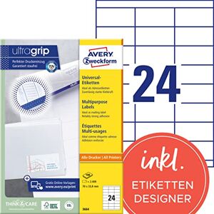 Avery 3664 Adressaufkleber (2.400 Klebeetiketten, 70x33,8mm auf A4, Papier matt, individuell bedruckbare Absenderetiketten, selbstklebende Adressetiketten mit ultragrip) 100 Blatt, weiß Avery 3664 Adressaufkleber (2.400 Klebeetiketten, 70x33,8mm auf A4, Papier matt, individuell bedruckbare Absenderetiketten, selbstklebende Adressetiketten mit ultragrip) 100 Blatt, weiß