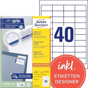 Avery 3657-200 univerzálních etiket (8 000 plus 800 lepicích etiket extra, 48,5 x 25,4 mm na A4, papír matný, individuálně potisknutelné, samolepicí nálepky s ultragrip) 220, bílé Avery 3657-200 univerzálních etiket (8 000 plus 800 lepicích etiket extra, 48,5 x 25,4 mm na A4, papír matný, individuálně potisknutelné, samolepicí nálepky s ultragrip) 220, bílé