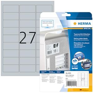 Herma 4222 Typový štítek Fóliové etikety stříbrné, 25 listů, 63,5 x 29,6 mm, 27 na arch A4, 675 kusů, samolepicí, potisknutelné, odolné proti povětrnostním vlivům, prázdné samolepicí štítky Samolepky Herma 4222 Typový štítek Fóliové etikety stříbrné, 25 listů, 63,5 x 29,6 mm, 27 na arch A4, 675 kusů, samolepicí, potisknutelné, odolné proti povětrnostním vlivům, prázdné samolepicí štítky Samolepky