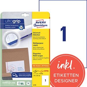 Avery 6119 univerzální etikety (25 plus 5 lepicích etiket extra, 210 x 297 mm na A4, papír matný, potištěné přepravní štítky, samolepicí zásilkové nálepky s ultragrip) 30 listů, bílé Avery 6119 univerzální etikety (25 plus 5 lepicích etiket extra, 210 x 297 mm na A4, papír matný, potištěné přepravní štítky, samolepicí zásilkové nálepky s ultragrip) 30 listů, bílé