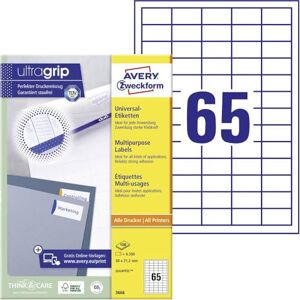 Avery 3666 univerzální etikety (6 500 lepicích štítků, 38 x 21,2 mm na A4, papír matný, individuálně potisknutelné, samolepicí nálepky s ultragripem) 100 listů, bílé Avery 3666 univerzální etikety (6 500 lepicích štítků, 38 x 21,2 mm na A4, papír matný, individuálně potisknutelné, samolepicí nálepky s ultragripem) 100 listů, bílé