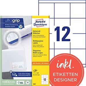 Avery 3661 Adressaufkleber (1.200 Klebeetiketten, 70x67,7mm auf A4, Papier matt, bedruckbare Absenderetiketten, selbstklebende Adressetiketten mit ultragrip) 100 Blatt, weiß Avery 3661 Adressaufkleber (1.200 Klebeetiketten, 70x67,7mm auf A4, Papier matt, bedruckbare Absenderetiketten, selbstklebende Adressetiketten mit ultragrip) 100 Blatt, weiß