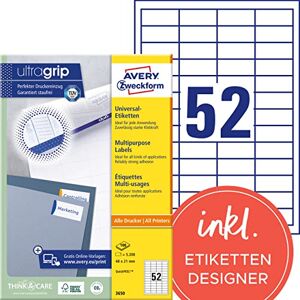 Avery Univerzální etikety 3650 (5 200 lepicích etiket, 48 x 21 mm na A4, papír matný, individuálně potisknutelné, samolepicí nálepky s ultragrip) 100 listů, bílé Avery Univerzální etikety 3650 (5 200 lepicích etiket, 48 x 21 mm na A4, papír matný, individuálně potisknutelné, samolepicí nálepky s ultragrip) 100 listů, bílé
