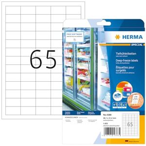 Herma 4388 hluboce chlazené etikety, 25 listů, 38,1 x 21,2 mm, 65 na arch A4, 1625 kusů, samolepicí, potištěné, matné, prázdné papírové mrazicí etikety, lepicí etikety na mrazák, bílé Herma 4388 hluboce chlazené etikety, 25 listů, 38,1 x 21,2 mm, 65 na arch A4, 1625 kusů, samolepicí, potištěné, matné, prázdné papírové mrazicí etikety, lepicí etikety na mrazák, bílé