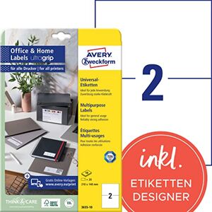 Avery 3655-10 univerzální etikety (20 nálepek na adresu, 210 x 148 mm na A4, tištěné přepravní štítky, samolepicí štítky s ultragripem, DHL, pro HomeOffice) 10 listů, bílé Avery 3655-10 univerzální etikety (20 nálepek na adresu, 210 x 148 mm na A4, tištěné přepravní štítky, samolepicí štítky s ultragripem, DHL, pro HomeOffice) 10 listů, bílé