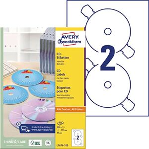 Avery L7676-100 samolepicí CD etikety (200 neprůhledné CD nálepky, Ø 117 mm na A4, SuperSize, papír matný, potištěné lepicí etikety pro všechny tiskárny A4) 100 listů, bílé Avery L7676-100 samolepicí CD etikety (200 neprůhledné CD nálepky, Ø 117 mm na A4, SuperSize, papír matný, potištěné lepicí etikety pro všechny tiskárny A4) 100 listů, bílé