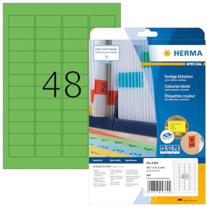 Herma 4369 barevných etiket zelené odstranitelné, 20 listů, 45,7 x 21,2 mm, 48 na arch A4, 960 kusů, samolepicí, potisknutelné, matné, prázdné papírové barevné štítky nálepky Herma 4369 barevných etiket zelené odstranitelné, 20 listů, 45,7 x 21,2 mm, 48 na arch A4, 960 kusů, samolepicí, potisknutelné, matné, prázdné papírové barevné štítky nálepky