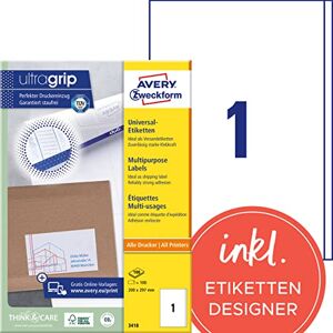 Avery Univerzální etikety 3418 (100 lepicích etiket, 200 x 297 mm na A4, papír matný, potiskovatelné přepravní etikety, samolepicí nálepky na zaslání s ultragrip, DHL) 100 listů, bílá Avery Univerzální etikety 3418 (100 lepicích etiket, 200 x 297 mm na A4, papír matný, potiskovatelné přepravní etikety, samolepicí nálepky na zaslání s ultragrip, DHL) 100 listů, bílá