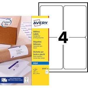 Avery Selbstklebende Versandetiketten, Tintenstrahldrucker, 4 Etiketten pro A4-Blatt, 160 Etiketten, QuickDRY (J8169) Avery Selbstklebende Versandetiketten, Tintenstrahldrucker, 4 Etiketten pro A4-Blatt, 160 Etiketten, QuickDRY (J8169)
