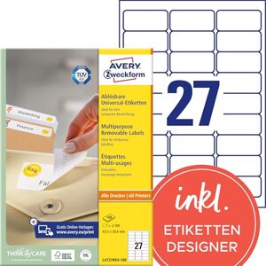 Avery L4737REV-100 univerzální etikety (2 700 samolepicích štítků, 63,5 x 29,6 mm na A4, lze opět beze zbytku odstranit/odstranitelné, individuálně potištěné, samolepicí nálepky) 100 listů, Avery L4737REV-100 univerzální etikety (2 700 samolepicích štítků, 63,5 x 29,6 mm na A4, lze opět beze zbytku odstranit/odstranitelné, individuálně potištěné, samolepicí nálepky) 100 listů,