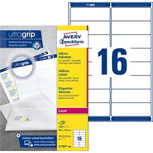 Avery L7162-100 Adressetiketten/Adressaufkleber (1.600 Etiketten mit ultragrip, 99,1x33,9mm auf A4, bedruckbar, selbstklebend, für DIN lang Briefkuverts, Papier matt) 100 Blatt, weiß Avery L7162-100 Adressetiketten/Adressaufkleber (1.600 Etiketten mit ultragrip, 99,1x33,9mm auf A4, bedruckbar, selbstklebend, für DIN lang Briefkuverts, Papier matt) 100 Blatt, weiß