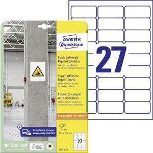 Avery L7874-20 silně přilnavé etikety (540 nálepek, 63,5 x 29,6 mm na A4, extrémně silně samolepicí, také pro obtížné povrchy, lze potisknout Power lepicí etikety) 20 listů, bílá Avery L7874-20 silně přilnavé etikety (540 nálepek, 63,5 x 29,6 mm na A4, extrémně silně samolepicí, také pro obtížné povrchy, lze potisknout Power lepicí etikety) 20 listů, bílá