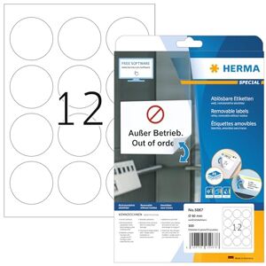 Herma Univerzální etikety 5067 odstranitelné kulaté, 25 listů, Ø 60 mm, 12 na arch A4, 300 kusů, samolepicí, potisknutelné, matné, prázdné papírové lepicí etikety samolepky, bílé Herma Univerzální etikety 5067 odstranitelné kulaté, 25 listů, Ø 60 mm, 12 na arch A4, 300 kusů, samolepicí, potisknutelné, matné, prázdné papírové lepicí etikety samolepky, bílé